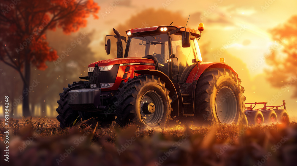 Fototapeta premium Sunset Plowing. A tractor is equipped with a plow, working the field at sunset. The scene is illuminated by the warm glow of the setting sun. 