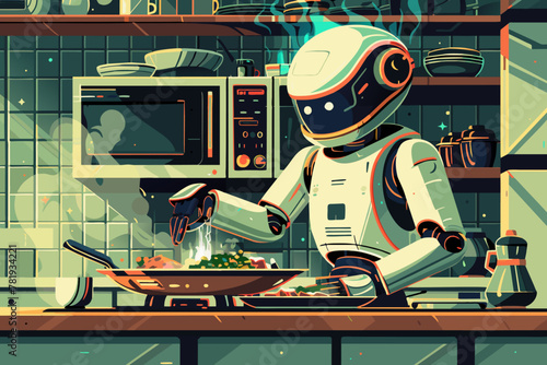 Robot cooking food at home, helper chef on kitchen future. Artificial intelligence technology robot cook, future lifestyle. Vector cartoon illustration