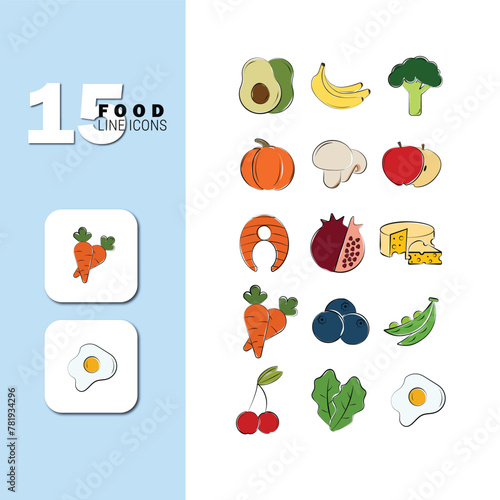 15 healthy food icons. Line icon set of fruits, vegetables and berries. Outline icons collection of healthy detox natural products, organic food ingredients for health and diet. Vector illustration EP