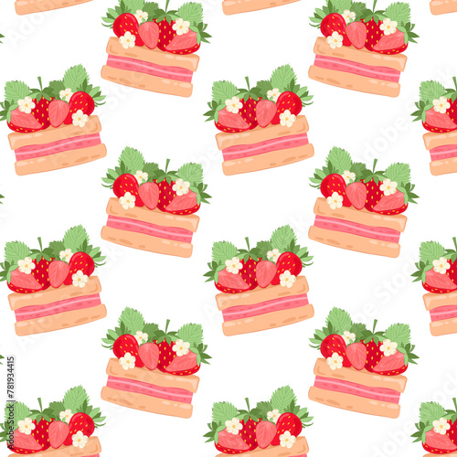 Strawberry dessert with cream in flat style. Pattern with creamy strawberry dessert. Seamless pattern for textile, wrapping paper, background.	
