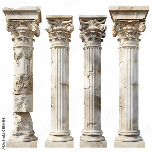 Stone Pillars Set Isolated  Old Roman Columns  Marble Greek Pillar  Rome Greece Architecture
