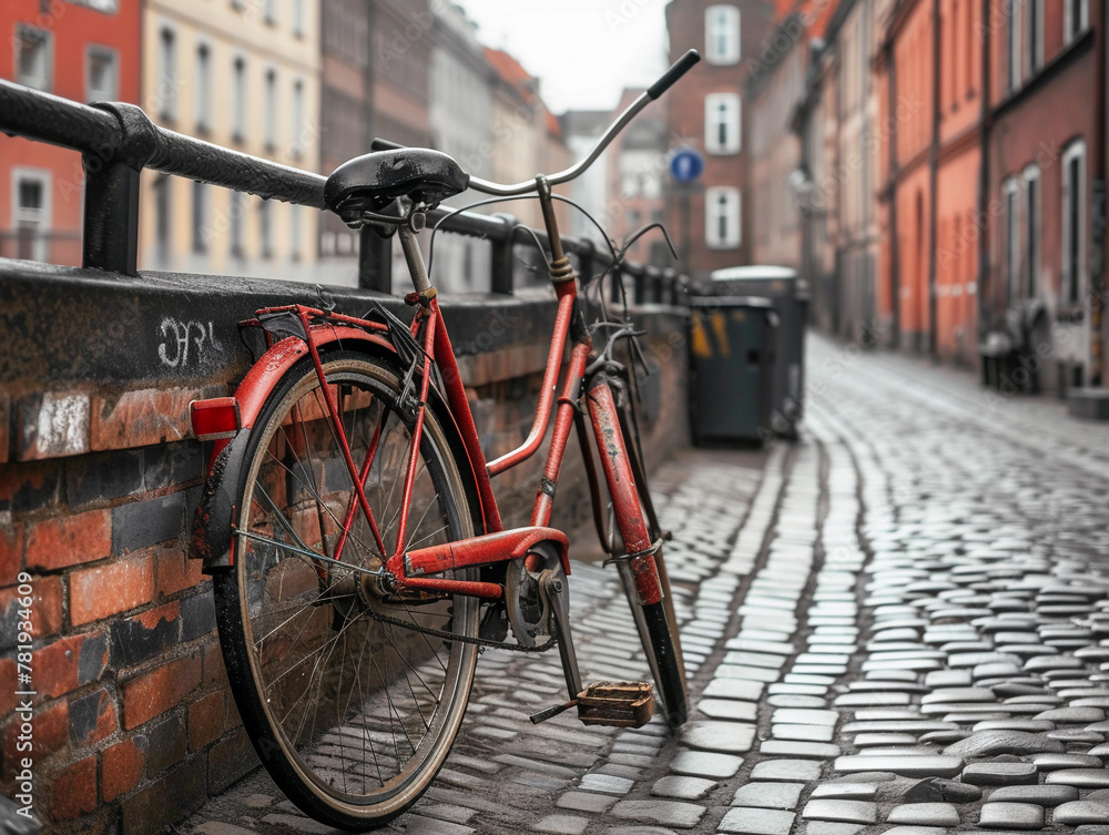 Red Bicycle on Cobblestone Street