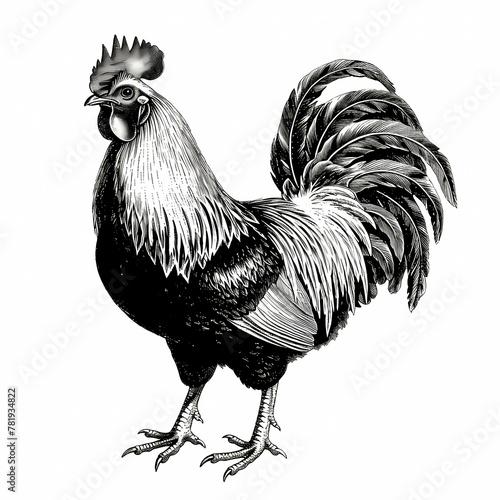 Black and white illustration of rooster. Vintage style.