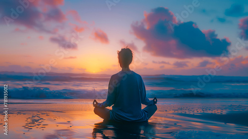 person meditating on the beach in the morning, yoga, copy space