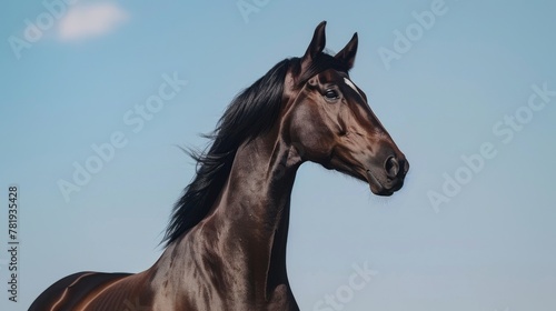 Majestic Bay Horse Portrait Against Blue Sky Background © Oksana Smyshliaeva