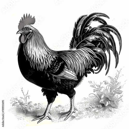 Black and white illustration of rooster. Vintage style.