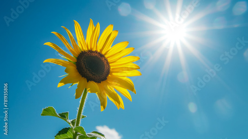 sunflower against blue sky and midday sun  copy space