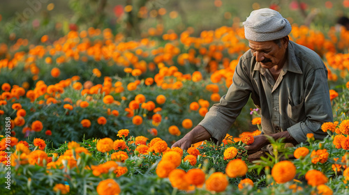 An indian farmer working in a field of orange marigold flowers. photo