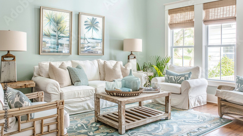 Creating a serene oasis in the living room with soft seafoam green walls  natural wood accents  and touches of crisp white for a coastal-inspired ambiance.