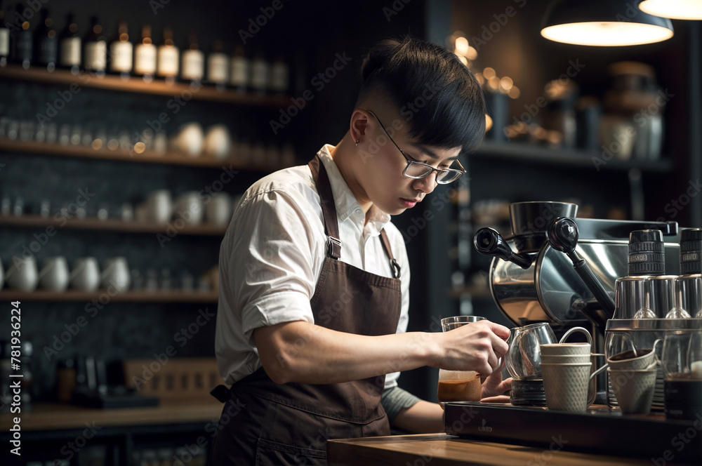 Asian guy barista preparing coffee in a coffee shop Asian guy barista preparing coffee in a coffee shop