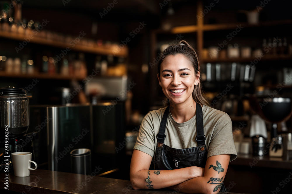 Smiling young professional barista woman standing near the counter with her arms crossed. Smiling young professional barista woman standing near the counter with her arms crossed.