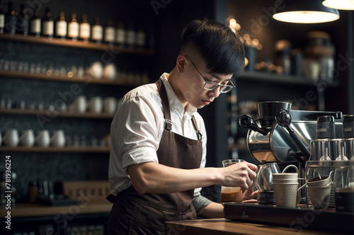 Asian guy barista preparing coffee in a coffee shop