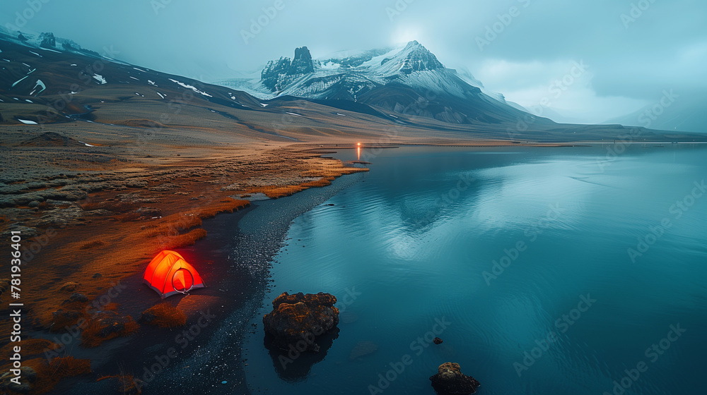 lake in the mountains and a tourist tent on the shore - obrazy, fototapety, plakaty 