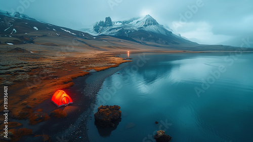 lake in the mountains and a tourist tent on the shore