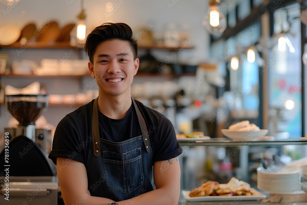 Happy young asian male cafe owner standing at the counter in front of the display window, smiling and looking directly at the camera. generative AI Happy young asian male cafe owner standing at the counter in front of the display window, smiling and looking directly at the camera. generative AI