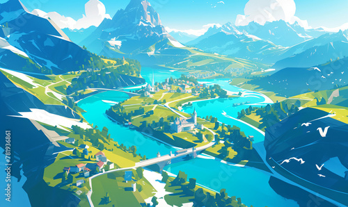 Isometric illustration of miniature village and mountain landscape. Digital art for geography education, travel concept, game design and fantasy map concept.