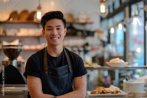 Happy young asian male cafe owner standing at the counter in front of the display window, smiling and looking directly at the camera. generative AI