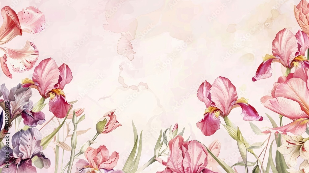 Floral Watercolor Artwork Background with Iris Flowers