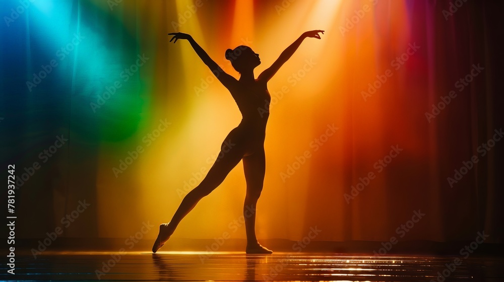 Dancer's silhouette in mixed lights, athletic grace on a black stage