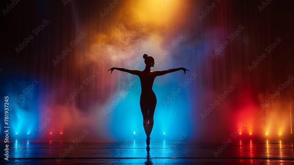 Dancer's silhouette in mixed lights, athletic grace on a black stage