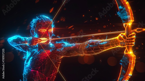 Archer drawing a bow in mixed neon lights, precision and focus, black background