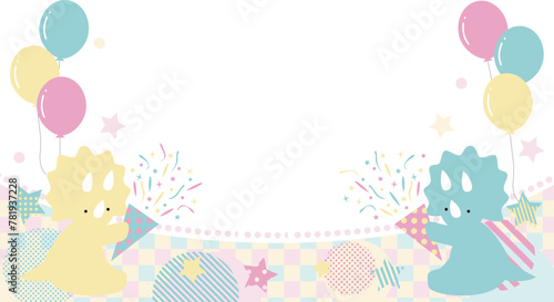 クラッカーでお祝いするベビートリケラトプスのフレーム　16:9サイズ