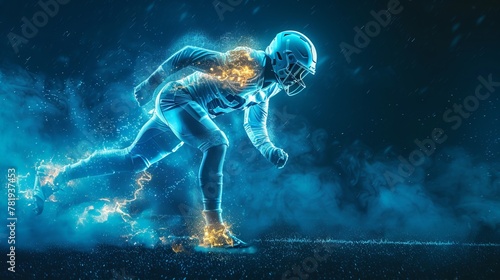 Neon-drenched football player in mid-tackle, high-intensity on a black field