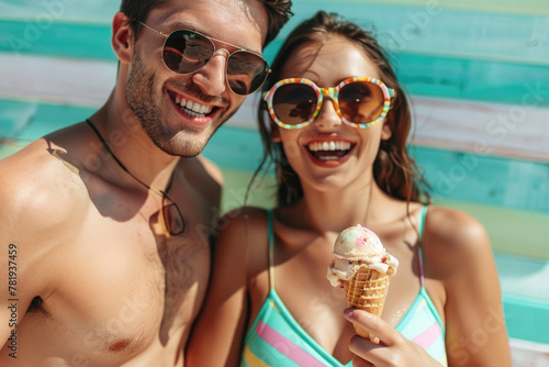 Vibrant image of a happy young couple sharing a laugh while enjoying ice cream at the beach under the bright summer sun. Generated AI