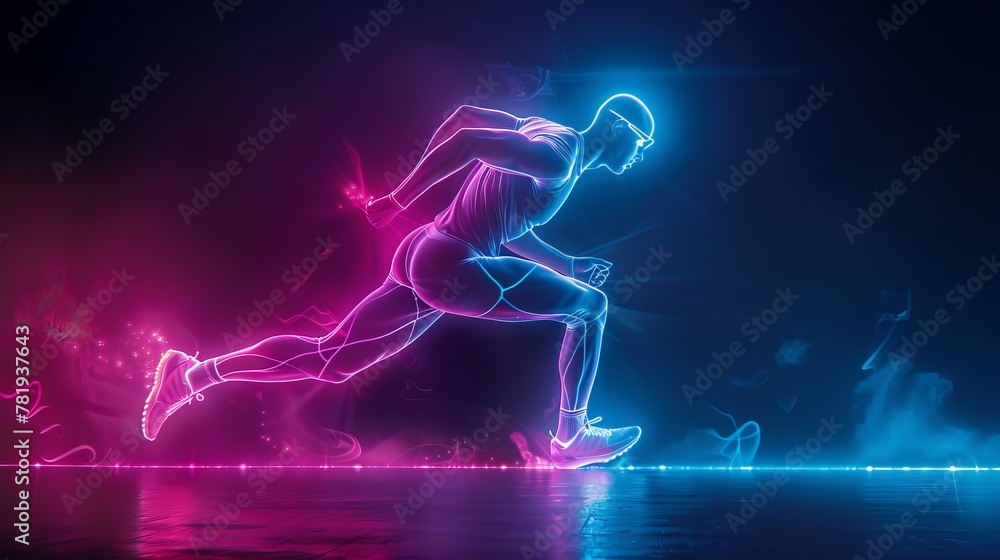 Runner's dynamic posture captured in neon, racing against a black void, high-res