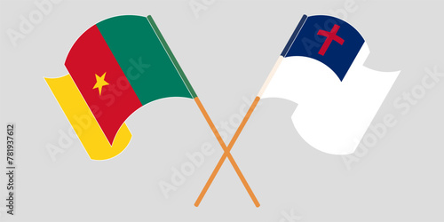 Crossed and waving flags of Cameroon and christianity