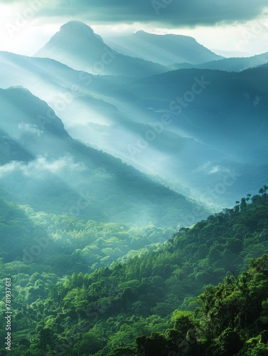 Misty mountains with hidden temples  light rays breaking through  early morning  panoramic view  from a high vantage point
