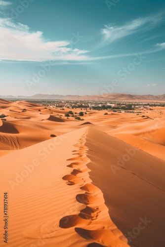 Oasis in a vast desert  mirage of a distant city  saturated colors  late afternoon  eyelevel view