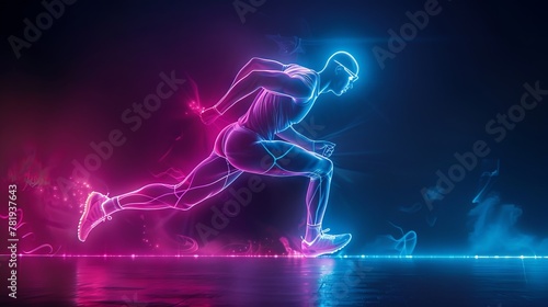 Runner's dynamic posture captured in neon, racing against a black void, high-res © saichon