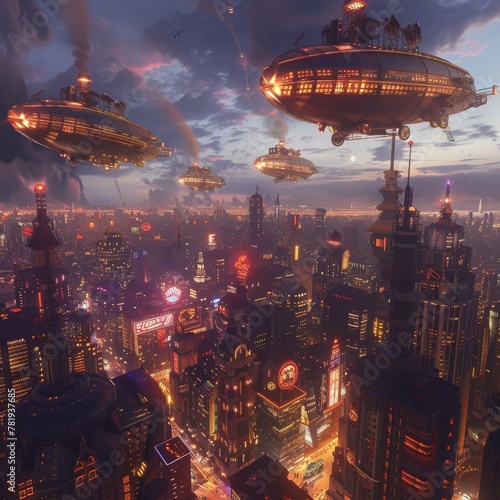 Steampunk cityscape at dusk, airships and neon signs, golden hour, wideangle, birda  seye view from a skyscraper photo