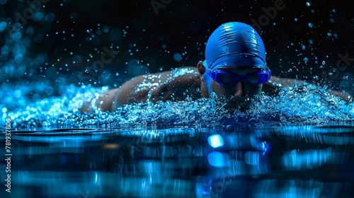 Swimmer mid-stroke in neon blue, realistic action frozen against black