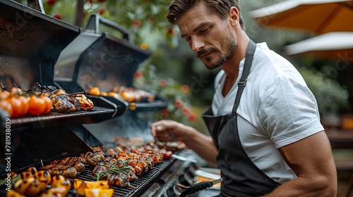 Young man preparing meat on a barbecue grill in a backyard