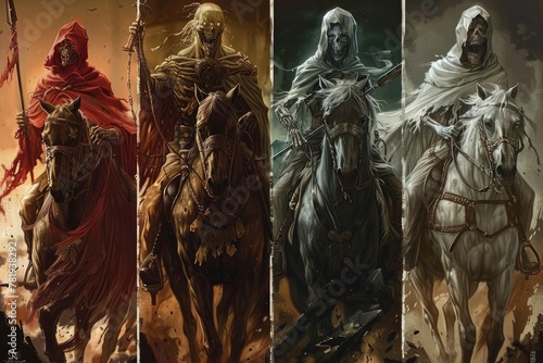 Harbingers of doom: 4 horsemen of the apocalypse - ominous imagery and symbolic significance of legendary riders ushering in end times. representing conquest, war, famine, death in apocalyptic lore. photo