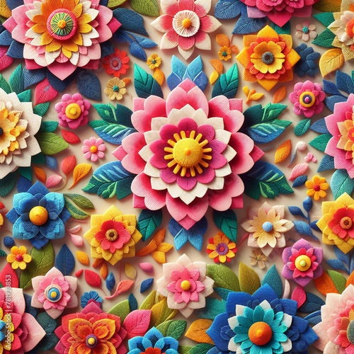 Beautiful floral elegant colorful abstract paper cut flowers embroidered fabric seamless pattern of hand drawn flowers decorative wallpaper background
