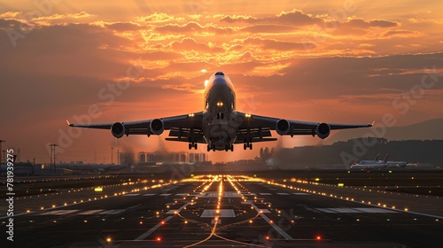 Sunset Departure: Jetliner Taking Off from Airport Runway