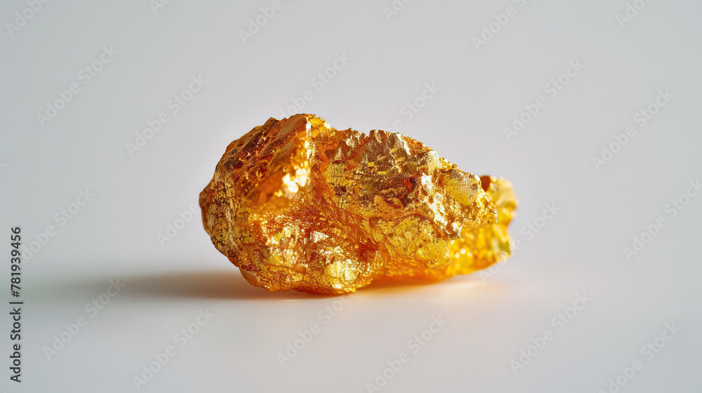 Macro photography, close-up shot, raw, uncut, unrefined gold nugget, isolated against modern white background. Bright, studio lighting, bokeh, golden, shining