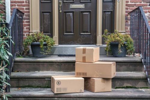 boxes in front of door steps. Online shopping concept. 