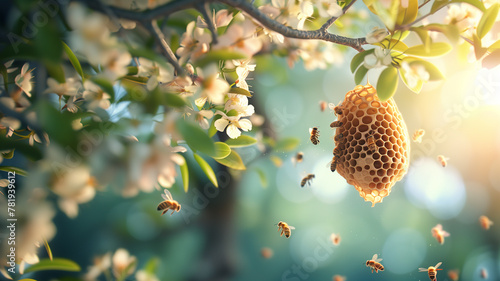 A beehive hangs from a branch of a tree in an orchard. Bees are flying around the hive and the flowers on the tree.