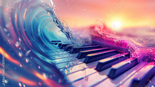 A clean, vivid banner with a photorealistic close-up of a piano keyboard that transitions into a colorful, fantasy ocean wave, crested with musical notes, offering ample copy space photo