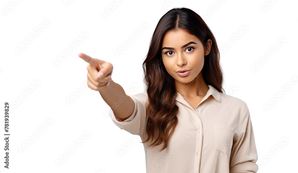 Beautiful young  woman pointing finger isolated on transparent and white background.PNG image.