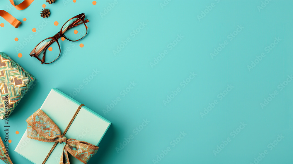 Celebratory Father's Day composition, a flat lay of a vintage gift box, stylish eyeglasses, and a necktie on a vibrant blue background, rendered in a clean, photorealistic style, with copy space - obrazy, fototapety, plakaty 