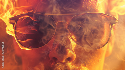 Creative banner depicting the intense moment of a heat stroke, accented with a surreal aura, in a close-up shot offering copy space, executed in photorealistic style