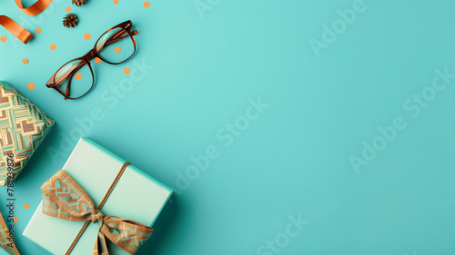 Celebratory Father's Day composition, a flat lay of a vintage gift box, stylish eyeglasses, and a necktie on a vibrant blue background, rendered in a clean, photorealistic style, with copy space