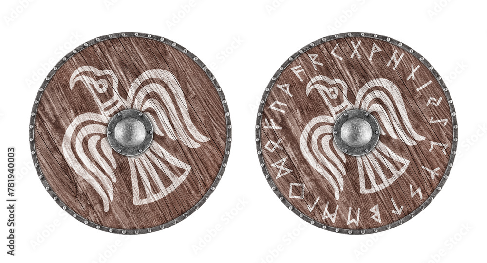 Old wooden round shield decorated with painted bird isolated on white background