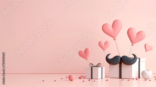 Minimalist 3D Fathers Day decoration featuring a cute gift box, a neat mustache, and a heart shape, set against a clean background with plenty of copy space for customization