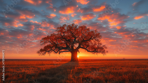 tree stands alone in the middle of an open field  with vibrant red and orange 